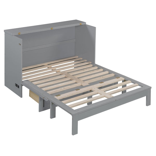English Elm Full Size Murphy Bed Rattan Cabinet with Storage Drawers and Gold Hardware Gray N708S00009E