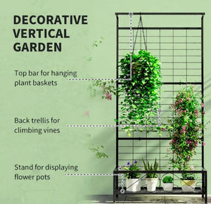 English Elm White Powder Coated Steel Tall Trellis Plant Stand with Hanging Bar for Patio Garden T3971P420878