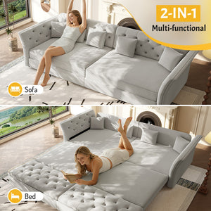 English Elm 100" Oversized Velvet Sleeper Sofa with Floral Tufted Cushions for Living Room Light Grey W1885S00302