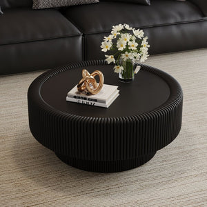 English Elm 31.5" Fluted Leather Round Coffee Table Tempered Glass Lift Top Hidden Storage Modern Black W3158P450847