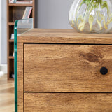 English Elm Double-Drawer Bedside Table. The Board Surface Is Mdf Sticker, and Both Sides Are Transparent Tempered Glass. The Design Is Simple and Elegant, With Excellent Storage Functions.