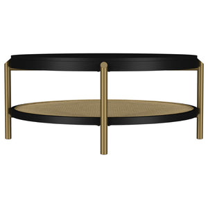 English Elm Benson Round Coffee Table with Rattan Shelf Brass Legs and Bold Matte Finish Black B062P440113