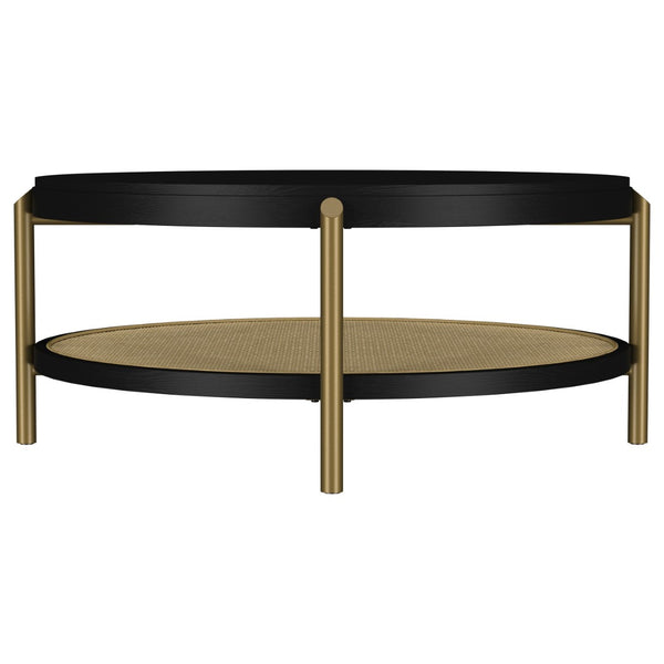 English Elm Benson Round Coffee Table with Rattan Shelf Brass Legs and Bold Matte Finish Black B062P440113