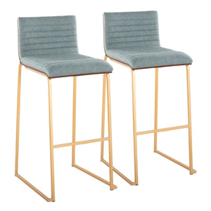 English Elm Mason 30" Contemporary Barstool Set Of 2 - Gold Metal, Walnut Wood & Plush Green Fabric Seating B202P222242