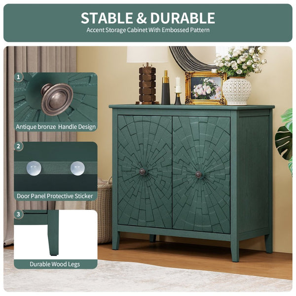 English Elm Geometric Diamond Embossed Sideboard Cabinet Matte Vintage Mdf Entryway Storage Green W688P364740