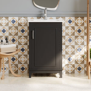 English Elm 20 Inch Modern Small Bathroom Vanity Cabinet With Ceramic Basin, Space-Saving Storage & Soft-Close Door Black N729P170386B