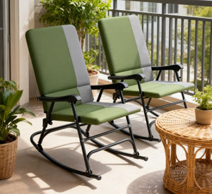 English Elm Folding Outdoor Rocking Chair Set of 2 with Padded High Back Steel Frame Porch T3971P420614