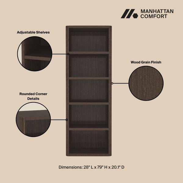 English Elm Rivington 28" Open Bookcase Dark Walnut — 5-Tier Adjustable Shelves, Modern Wood Grain Storage B365P398312