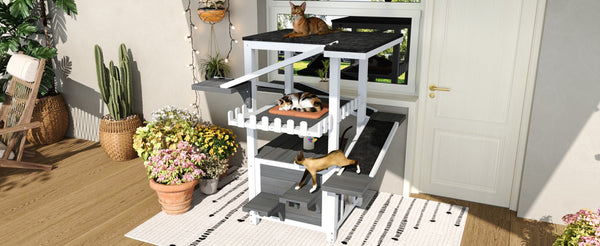 English Elm 4 Tier Outdoor Pine Cat Tower with Waterproof Roof Enclosed Den and Balcony Perch Grey,White N704P436318K