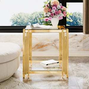 English Elm Modern Round Mirrored Glass End Table with Gold Metal Frame and Lower Display Shelf Transparent N735P380093K