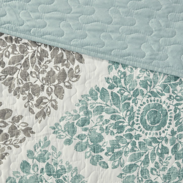 English Elm 6 Piece Printed Quilt Set With Decorative Pillows - Aqua King/Cal King, Elegant And Reversible Design B03597395
