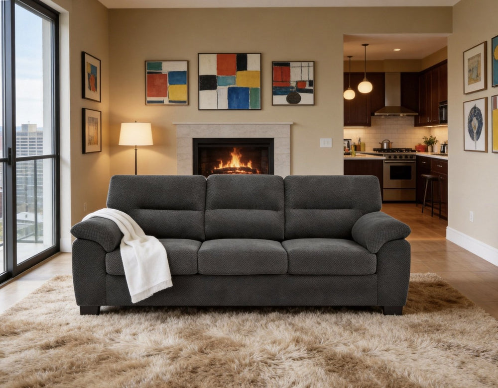English Elm 3-seater Track Arm Sofa Tufted Textured Fabric Couch for Modern Living Rooms Dark Gray W5568S00009