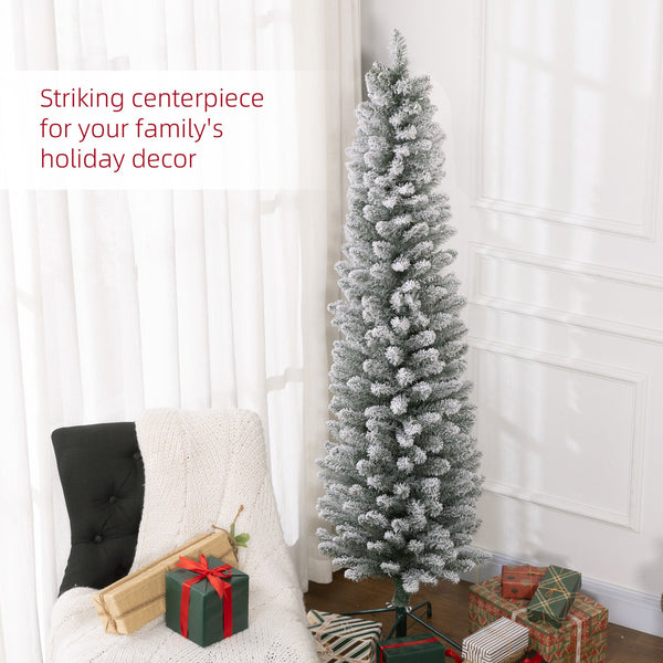English Elm Homcom 6Ft Snow Flocked Pencil Christmas Tree - Realistic Design, Space-Saving & Easy Assembly W2225P249624