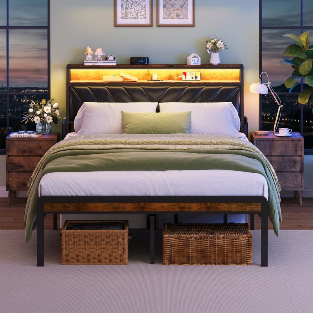 English Elm Queen Metal Platform Bed Adjustable Headboard Led Lighting Usb Charging Industrial W1903P195268
