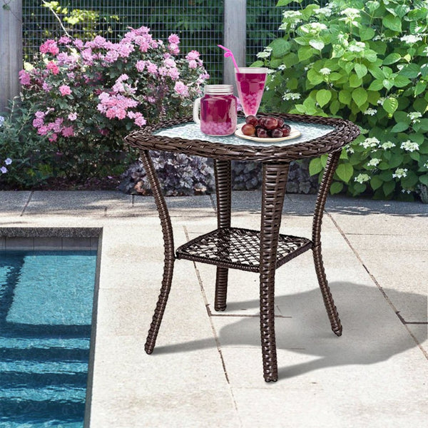 English Elm Outdoor Wicker Square Side Table Tempered Glass Top All Weather Patio Bistro Accent W1889P202948