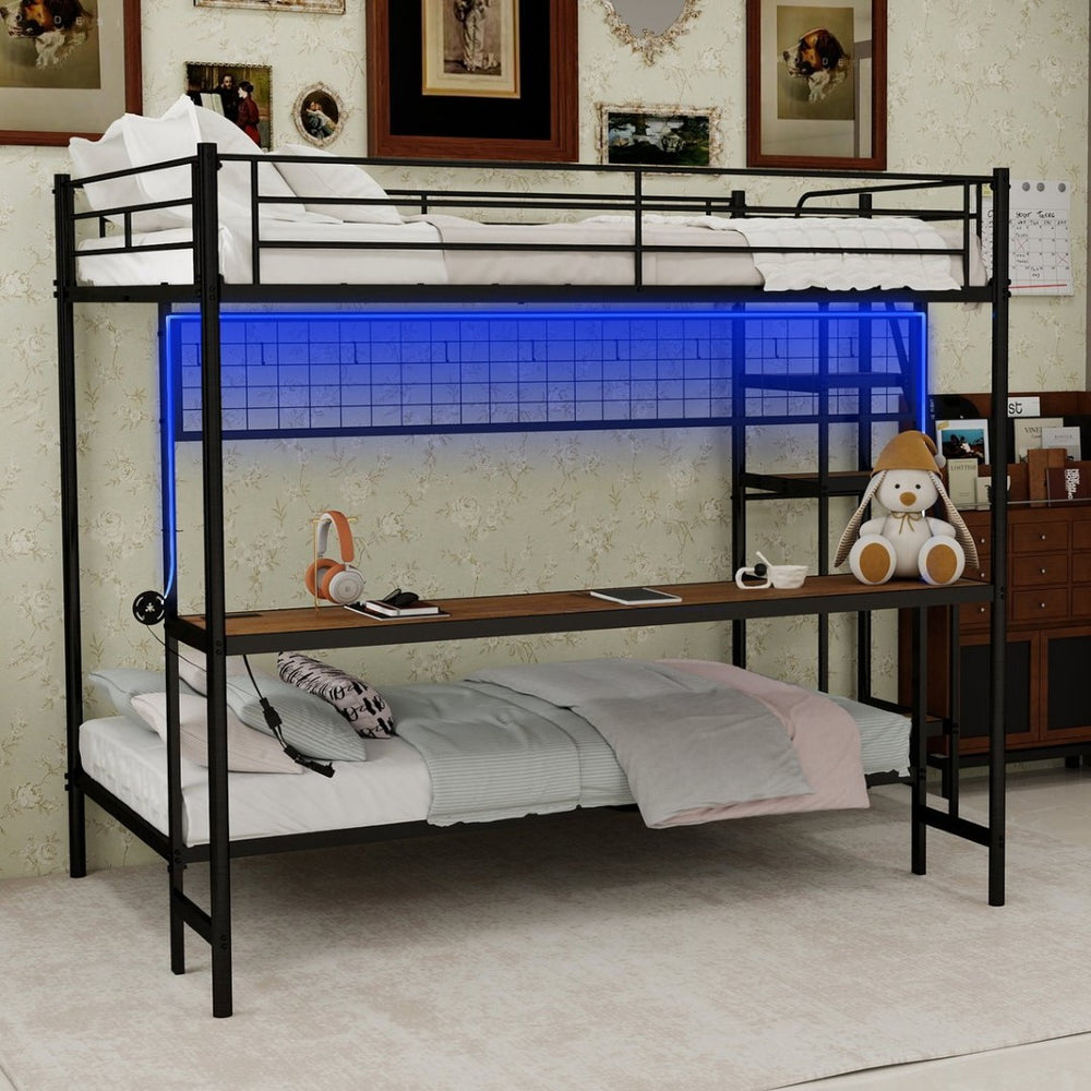 English Elm Full Over Twin Metal Bunk Bed with Desk Led Strip Shelves for Teen Dorm Rooms Antique Black W1935S00009