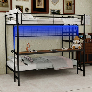 English Elm Full Over Twin Metal Bunk Bed with Desk Led Strip Shelves for Teen Dorm Rooms Antique Black W1935S00009