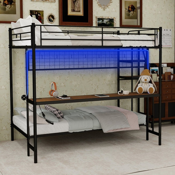 English Elm Full Over Twin Metal Bunk Bed with Desk Led Strip Shelves for Teen Dorm Rooms Antique Black W1935S00009