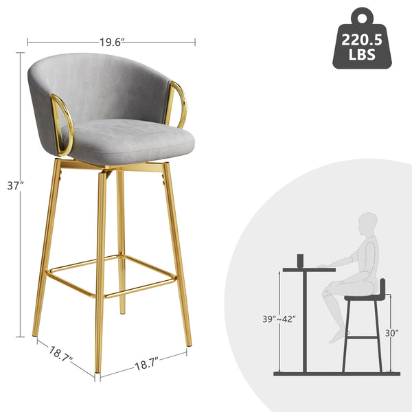 English Elm 30 Velvet Swivel Bar Chairs Set of 4 – 30" 360° Padded High Stools, Durable Metal Legs, Space-Saving Design Grey+Gold W1727S00018