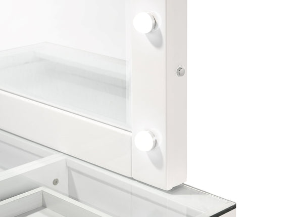 English Elm 3pc Sleek Makeup Vanity Set with Lighted Mirror, Glass Top, 5 Storage Drawers & Swivel Stool White 46.97 L x 25.87 W x 2 H B2741S00138