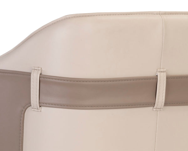 Sunpan Carter Barrel Back Barstool in Faux Leather with Black Steel Legs and Copper Foot Caps for Elegance Napa Beige / Napa Tan