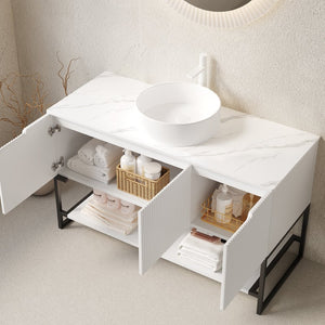 English Elm 48" Freestanding Bathroom Vanity Cabinet Sintered Stone Top Woodgrain Finish Open Shelf W2615S00664