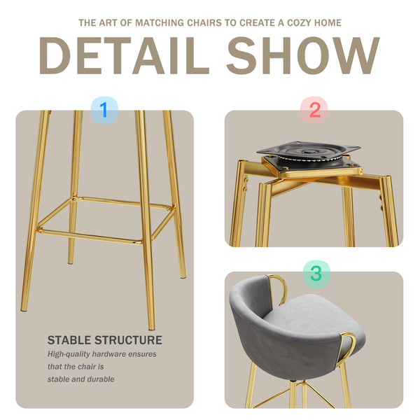 English Elm 30 Velvet Swivel Bar Chairs Set of 4 – 30" 360° Padded High Stools, Durable Metal Legs, Space-Saving Design Grey+Gold W1727S00018