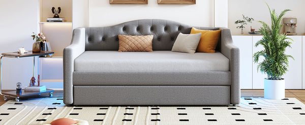 English Elm Upholstered Full XL Daybed with LED Belt and Trundle, Linen Backrest, Modern Silhouette, 450lb Capacity Gray DL002059AAE