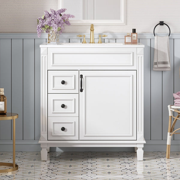 English Elm 30" French-Inspired Bathroom Vanity With Ceramic Sink & Dual Drawers - Elegant Storage Solution! N710P323328K
