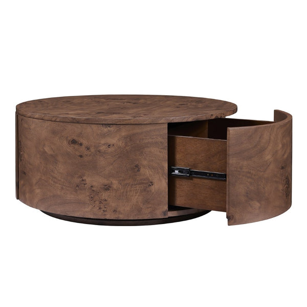 English Elm Burl Veneer Round Coffee Table Swivel Top Two Drawers Walnut Living Room N735P387206D