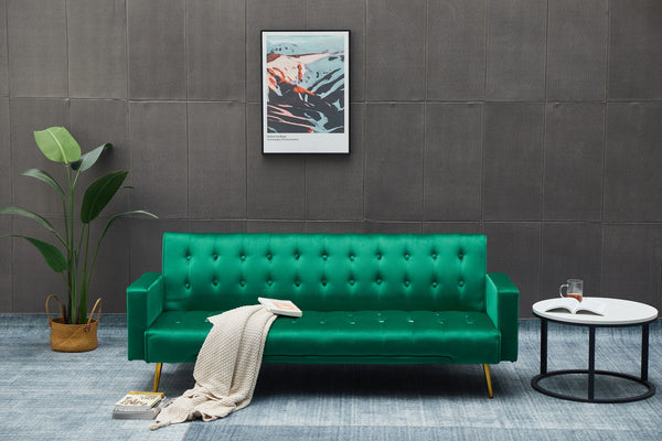English Elm SOFA Velvet Convertible Sofa Bed with Golden Legs, Solid Wood Frame, Compact Design for Small Spaces Green B205P246431