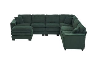 English Elm Modern U Shaped 6-Seat Sectional Sofa with Ottoman and 3 Toss Pillows, Corduroy Modular Comfort and Durable Frame Green W2363S00042