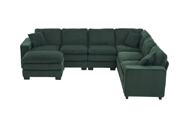 English Elm Modern U Shaped 6-Seat Sectional Sofa with Ottoman and 3 Toss Pillows, Corduroy Modular Comfort and Durable Frame Green W2363S00042