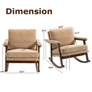 English Elm Mid Century Modern Rocking Chair Solid Wood Frame Upholstered Seat with Lumbar Cushion Khaki W2530P419012