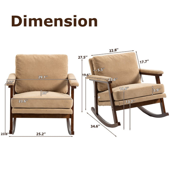 English Elm Mid Century Modern Rocking Chair Solid Wood Frame Upholstered Seat with Lumbar Cushion Khaki W2530P419012