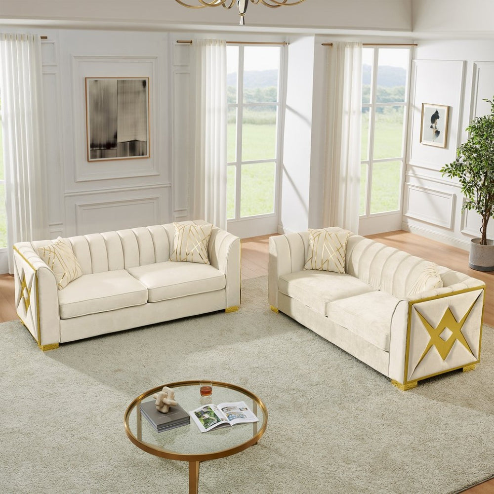 English Elm 81" Tufted Velvet Chesterfield Sofa with Gold Steel Legs for Elegant Living Rooms Beige W1191S00071