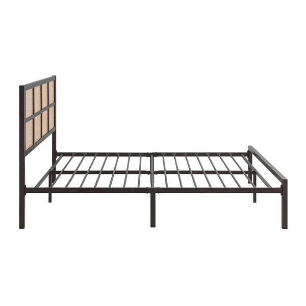 English Elm 1pc Queen Platform Bed Sanibel Metal Frame with Faux Cane Headboard Dark Finish Coastal Chic Design Bronze 66 L x 25 W x 3.75 H B011P214030