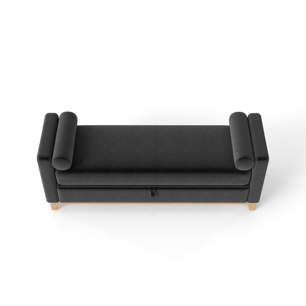 English Elm 66 Inch Sherpa Upholstered Storage Bench with Fluted Wood Base and Bolster Pillows Black+Neutral W1658P446125