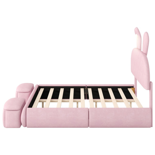 English Elm Full Pink Velvet Platform Bed Cartoon Ear Headboard Led Light Storage Stools N709P195300H-1