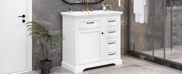 English Elm Christopher Knight Home® - 36" Bathroom Vanity with Ceramic Sink, Soft-Close Doors, 4 Drawers & Ample Storage, Freestanding White N759P223021K