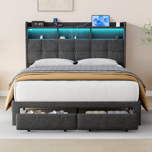 English Elm Queen LED Bed Frame with Linen Headboard, 2 Drawers, Fast Charging Ports, Remote RGB Nightlight W1550P190362