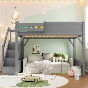 English Elm Twin Low Loft Bed Solid Pine Frame Kids Study Desk Blackboard Storage White Gray W1580S00469