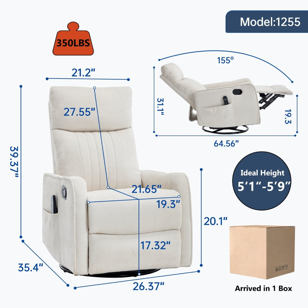 English Elm Beige Fabric Swivel Rocker Recliner with Massage Nodes and Lumbar Heat for Living Room Beige W1803P363421