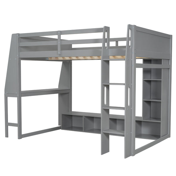 English Elm Wood Full Size Gaming Loft Bed with Integrated Desk, Shelves, LED Lighting & Hanging Clothes Rack Gray N7090001042E