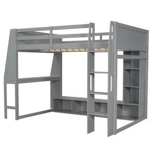 English Elm Wood Full Size Gaming Loft Bed Pine Frame with Led Lighting Desk and Storage Shelves N7090001042E-1