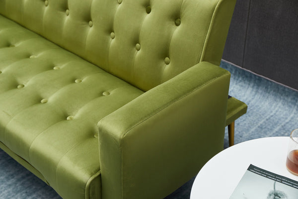 English Elm SOFA Velvet Convertible Sofa Bed with Golden Legs, Solid Wood Frame, Compact Design for Small Spaces Army Green B205P246432
