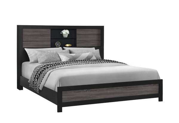 English Elm SOLUTO Rustic Urban Farmhouse Bed with Headboard Storage, Dark Gray & Black Wood Inlay, Solid Build Grey and Black Queen Bookcase Bed B201S00283
