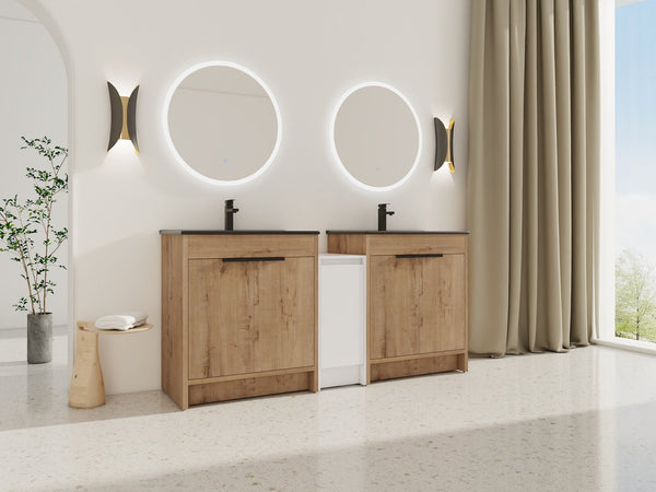 English Elm 72 Inch Freestanding Bathroom Vanity With Black Ceramic Sink, Soft-Close Doors & Ample Storage W999S00324