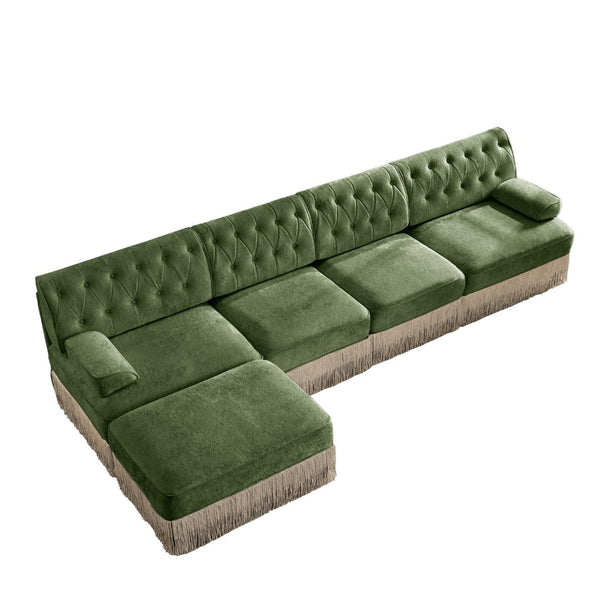 English Elm 135" Chesterfield Velvet Sectional with Tufted Back Tassel Skirt and Modular Living Room Design Green W714S01713