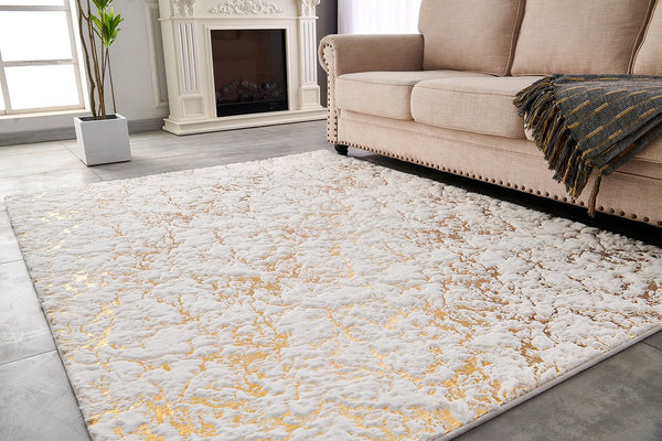 English Elm Luxury Plush White Faux Fur Area Rug With Gold-Gilded Accents - Machine Washable, Anti-Slip Backing B030P233661
